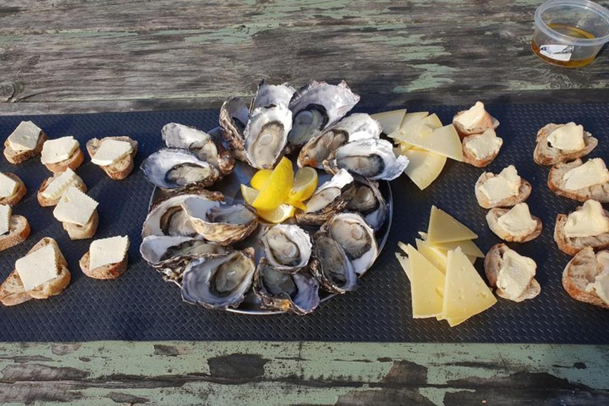 a plate of oysters and cheese on a table