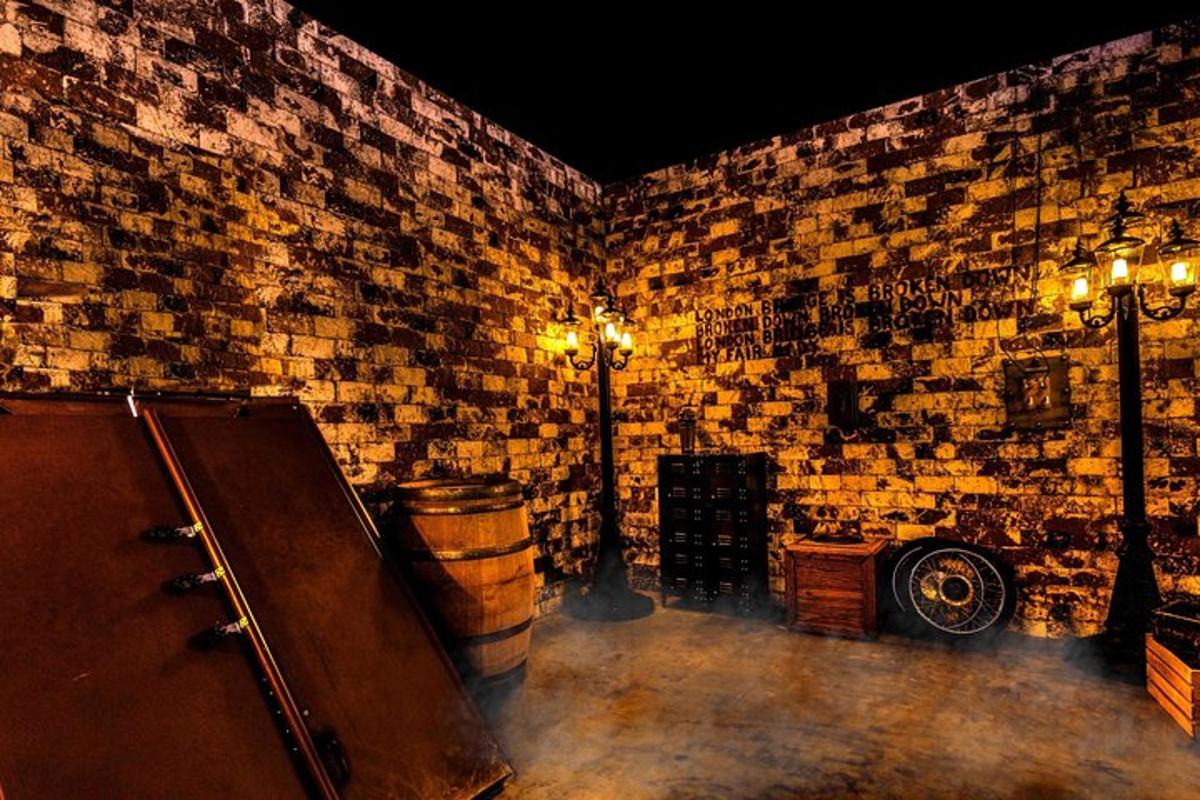 a room with a brick wall with barrels and lights