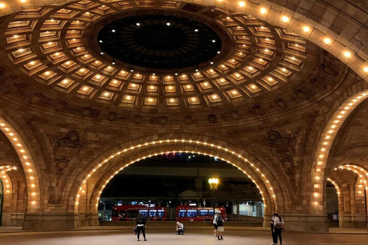 a large building with a large ceiling with lights