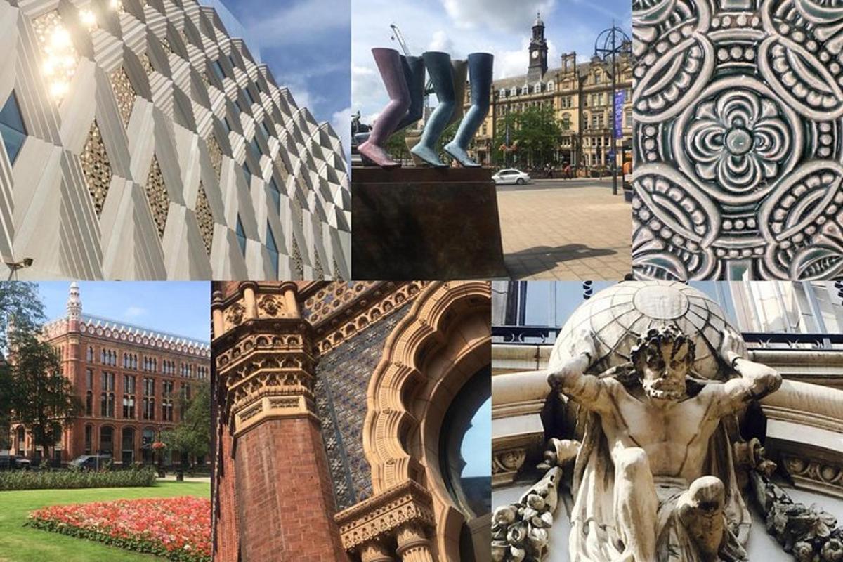a collage of photos with a statue and a building