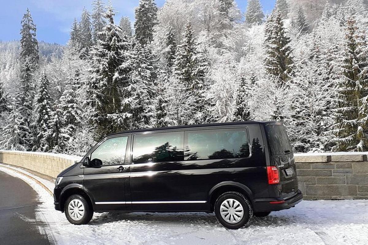 en svart varebil parkert på en vei med snødekte trær