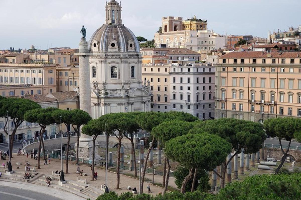 una vista d'una ciutat amb arbres i un edifici