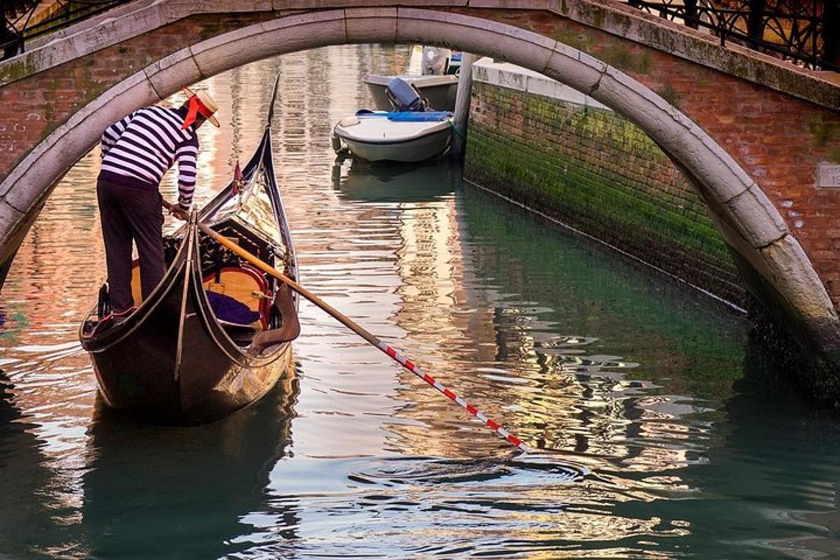 un uomo sta remando una gondola sotto un ponte