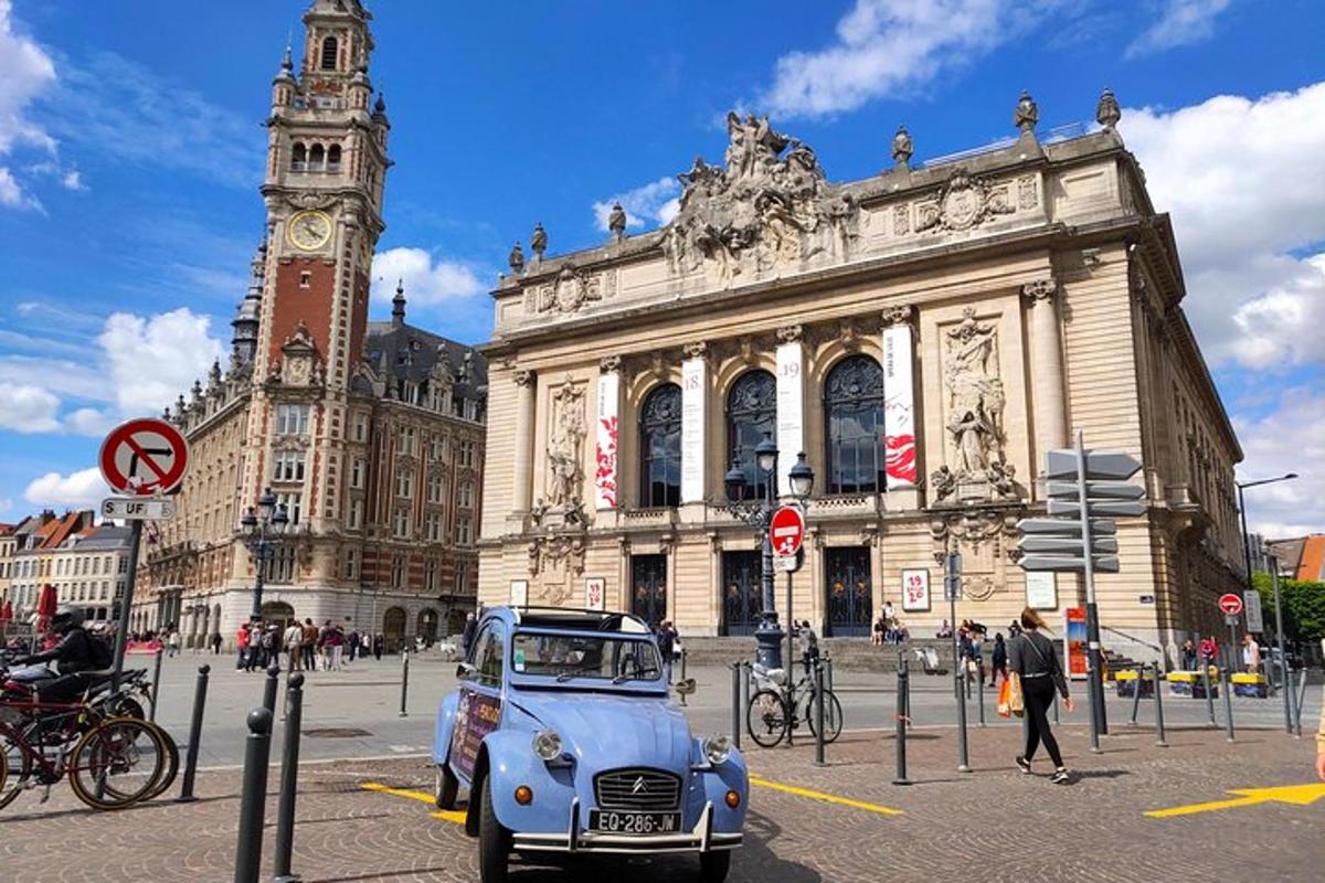 an old car parked in front of a building with a clock tower