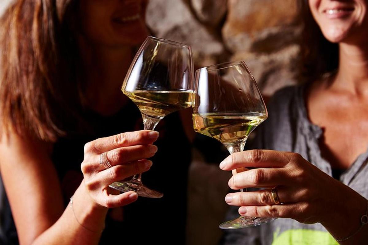 two people holding up glasses of white wine