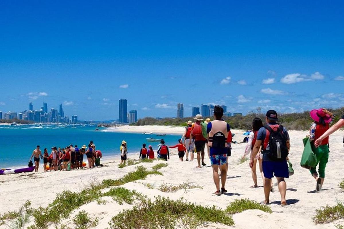 a group of people walking on the beach