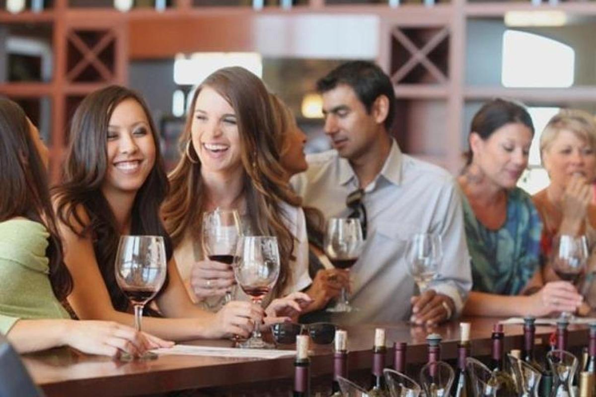 a group of people sitting at a bar with wine glasses