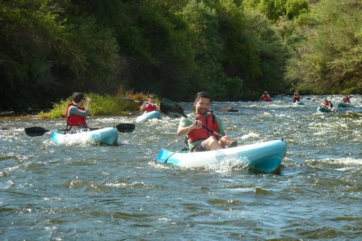 a group of people kayaking on a river