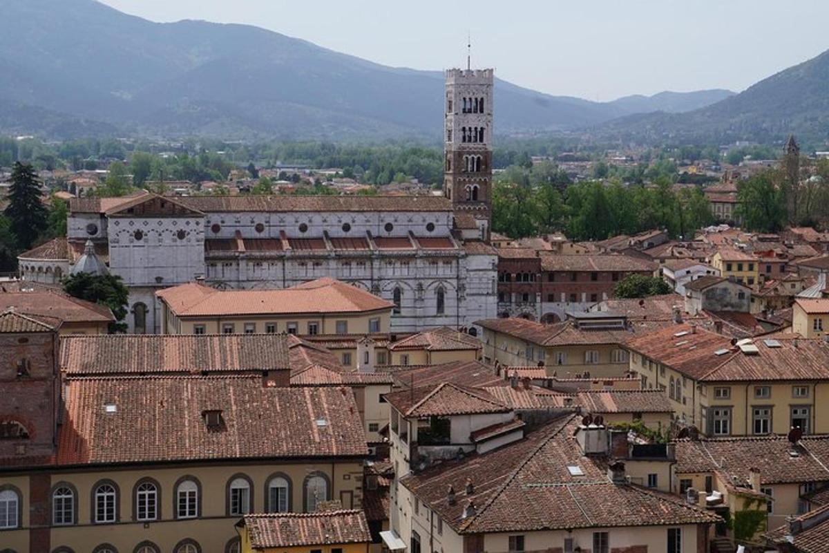 una vista d'una ciutat amb una torre del rellotge i teulades