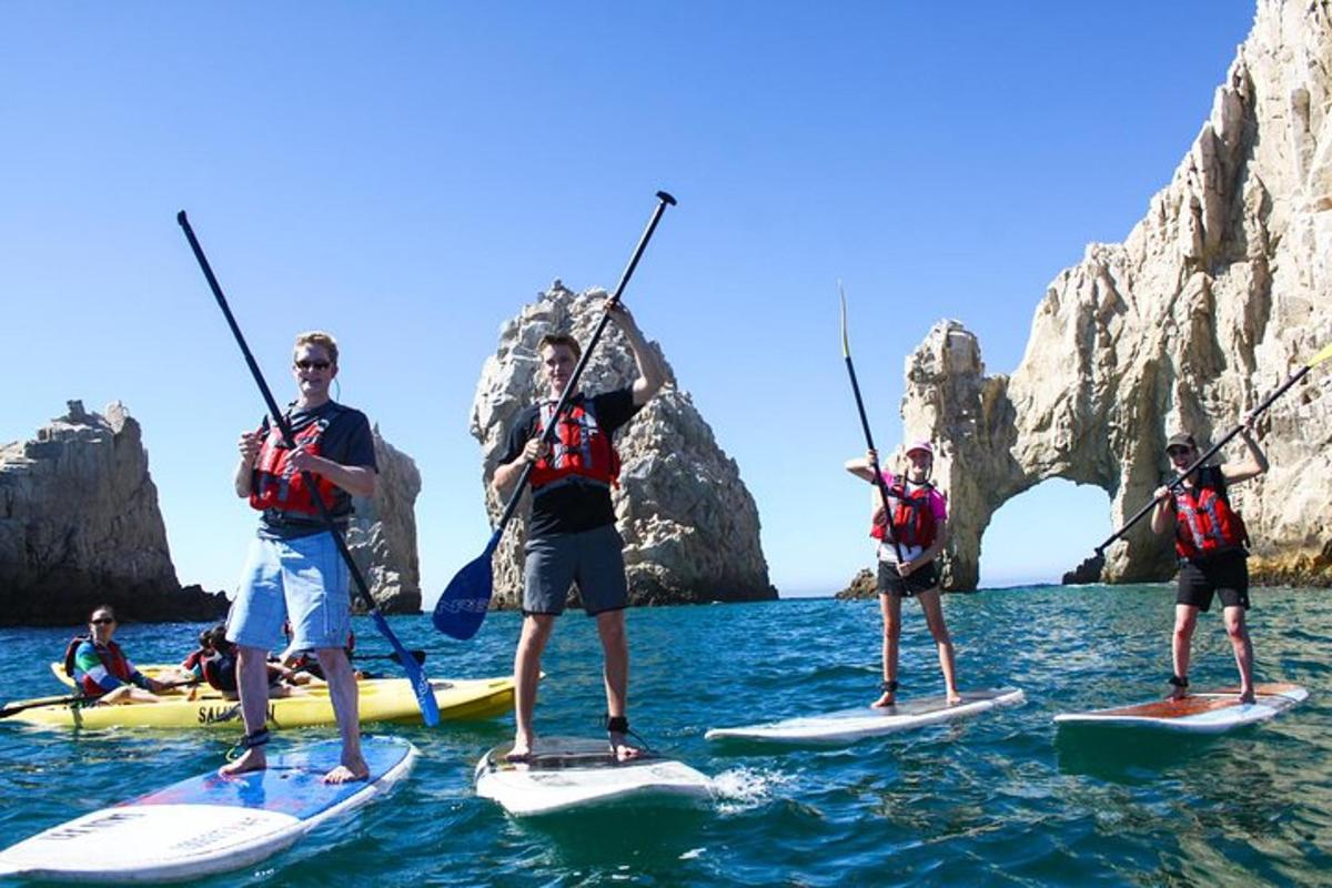 Un grupo de personas en tablas de paddle surf en el agua