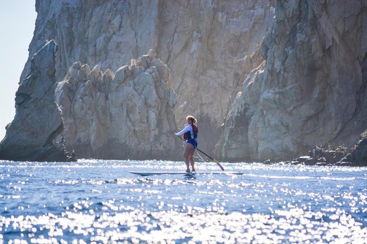 una mujer en una tabla de remo en el agua