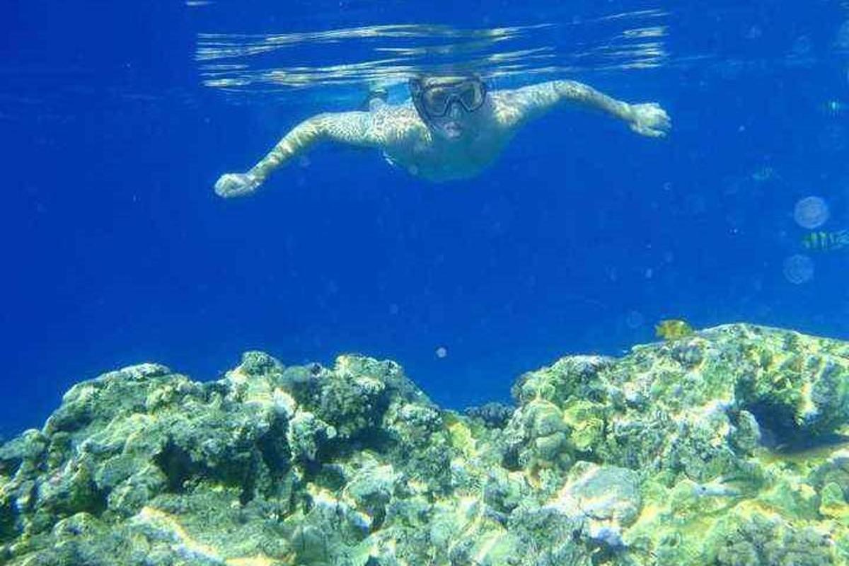seorang lelaki berenang di dalam air dengan memakai cermin mata