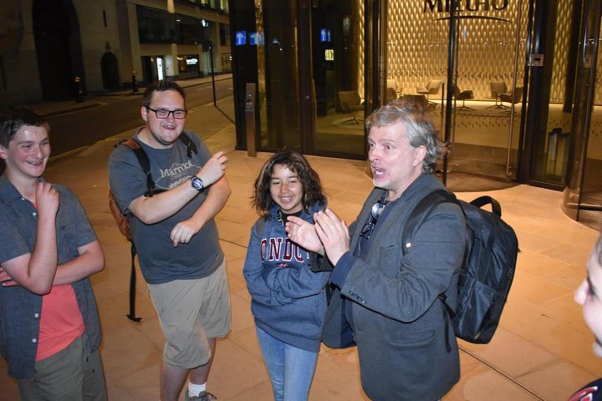 a group of people standing in a building