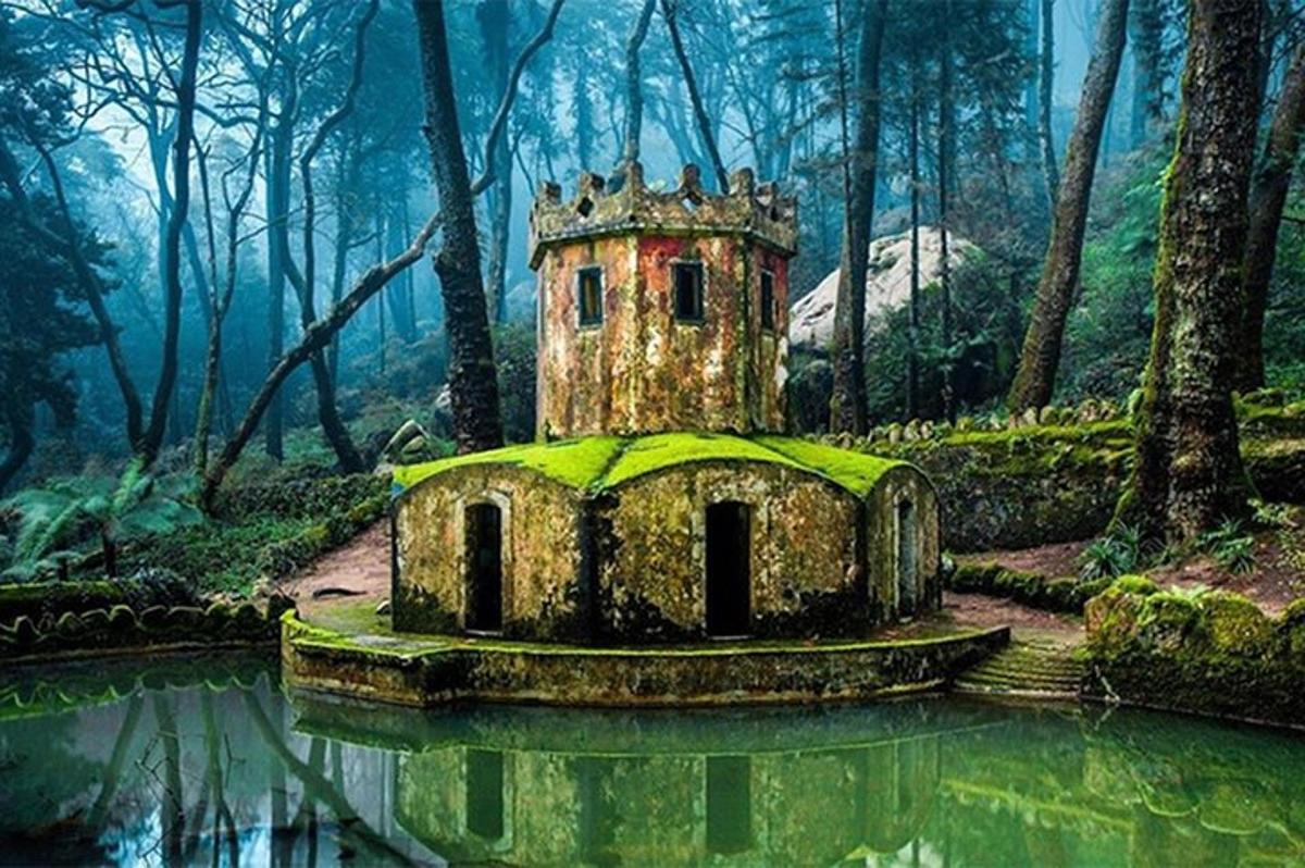 un dipinto di una casa in mezzo a una foresta
