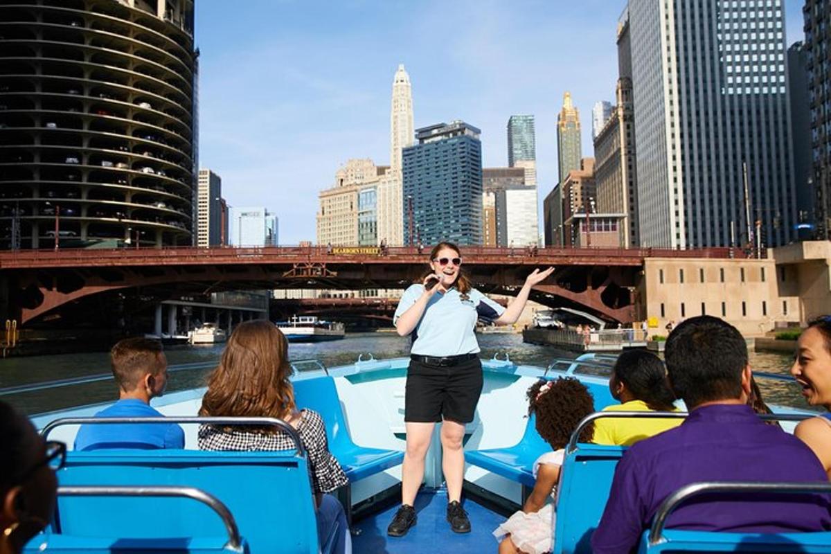a man standing on a boat in a city