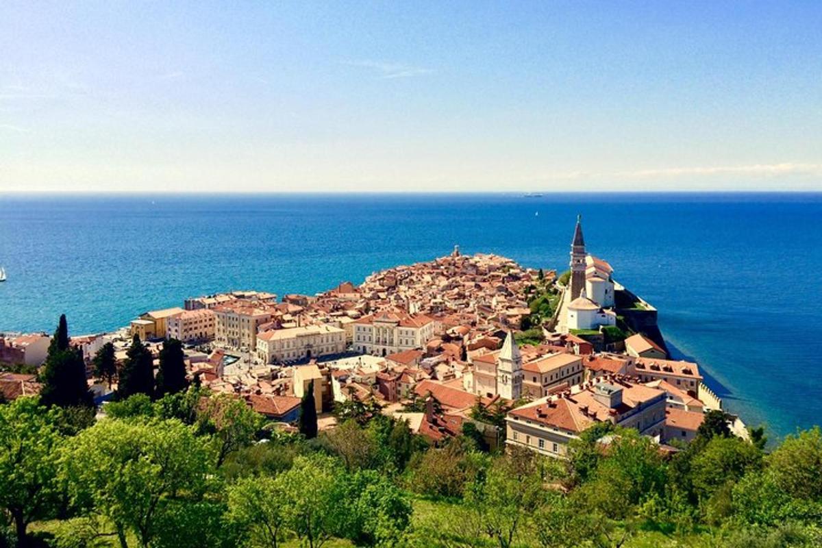 a town on a hill next to the ocean