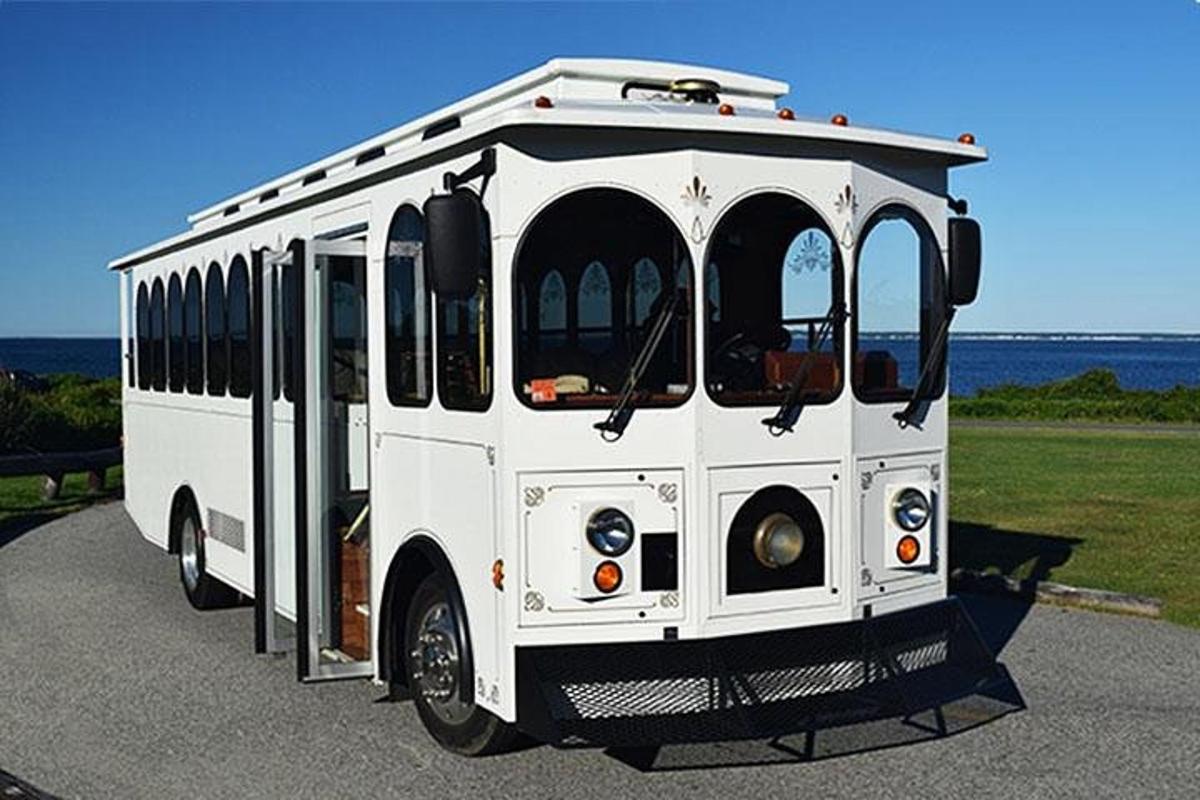 a white bus parked next to the ocean