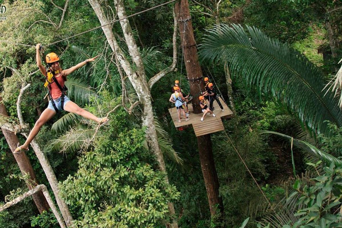 Un grupo de personas en una tirolina en la jungla.