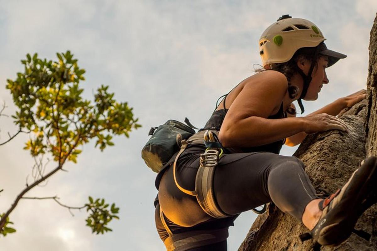 a woman is climbing a tree