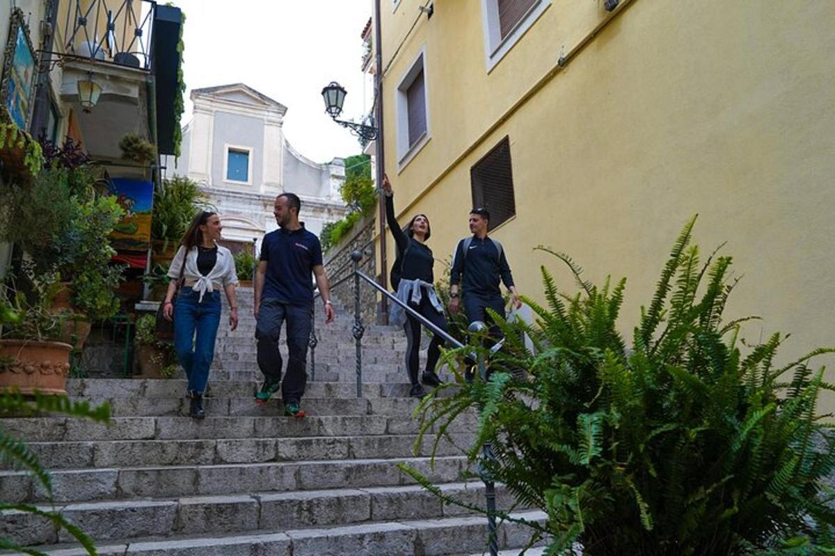 a group of people walking down some stairs