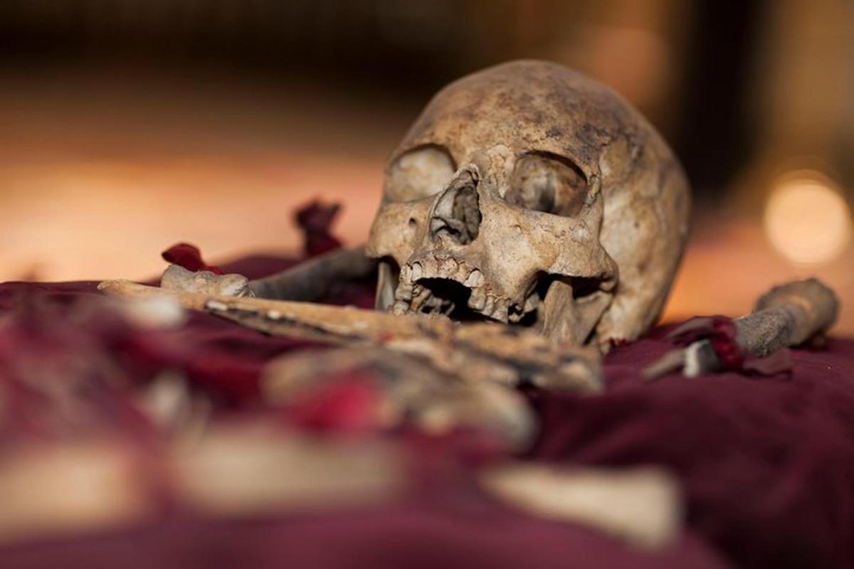 ein Totenkopf, der auf einem Stapel Waffen sitzt