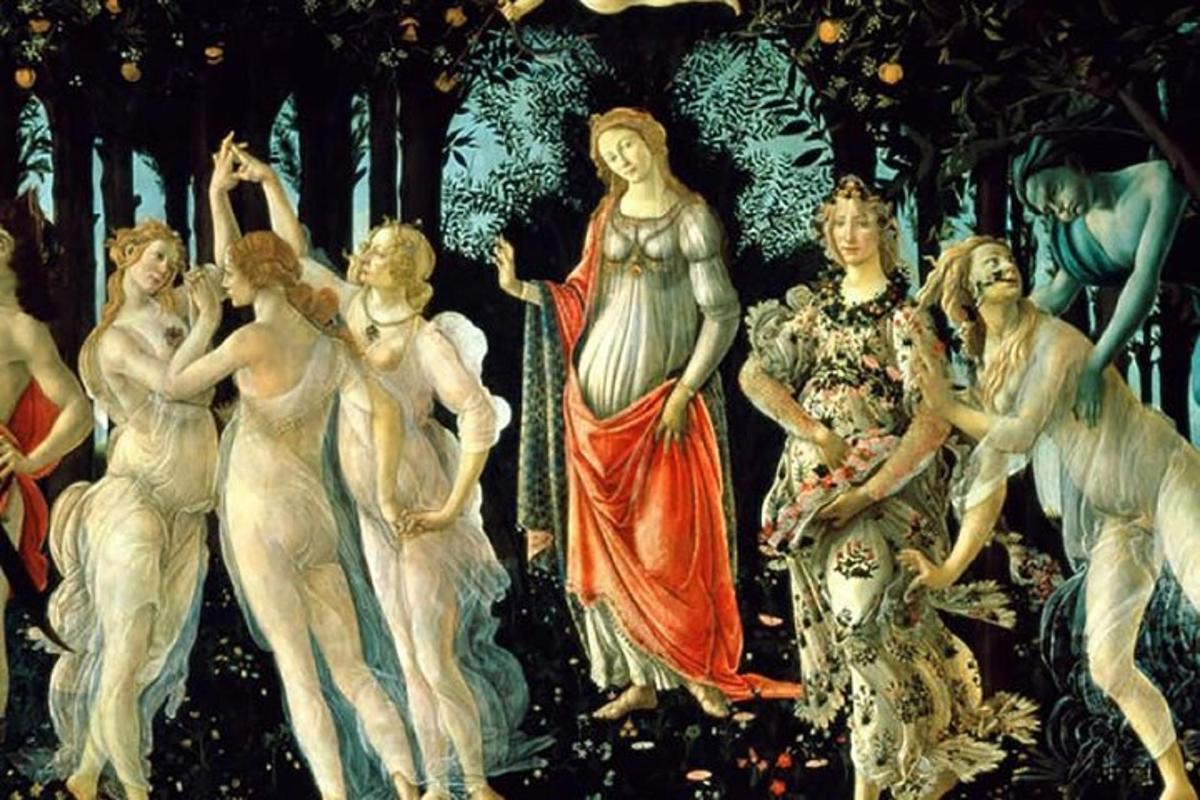 uma pintura de um grupo de mulheres em uma floresta