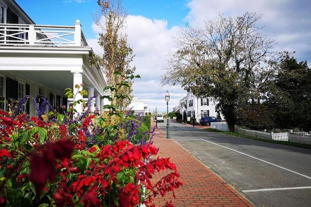 a street with flowers on the side of a building