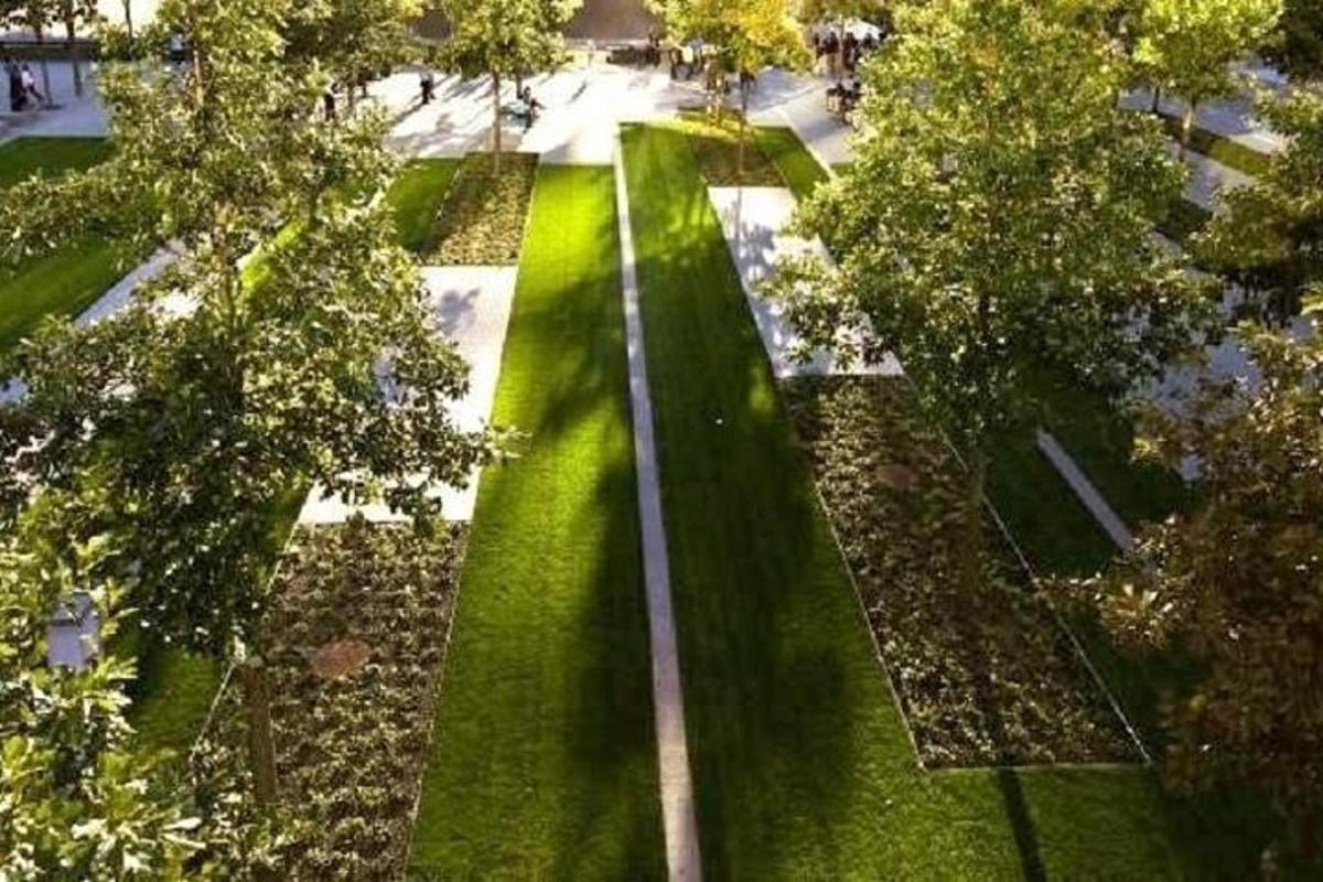 an overhead view of a park with green grass and trees