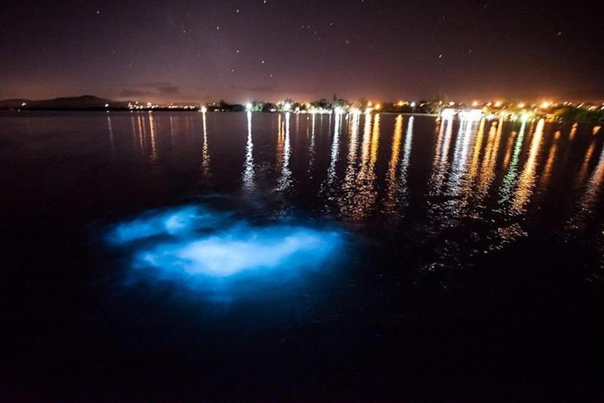 bulatan biru di tengah-tengah air pada waktu malam