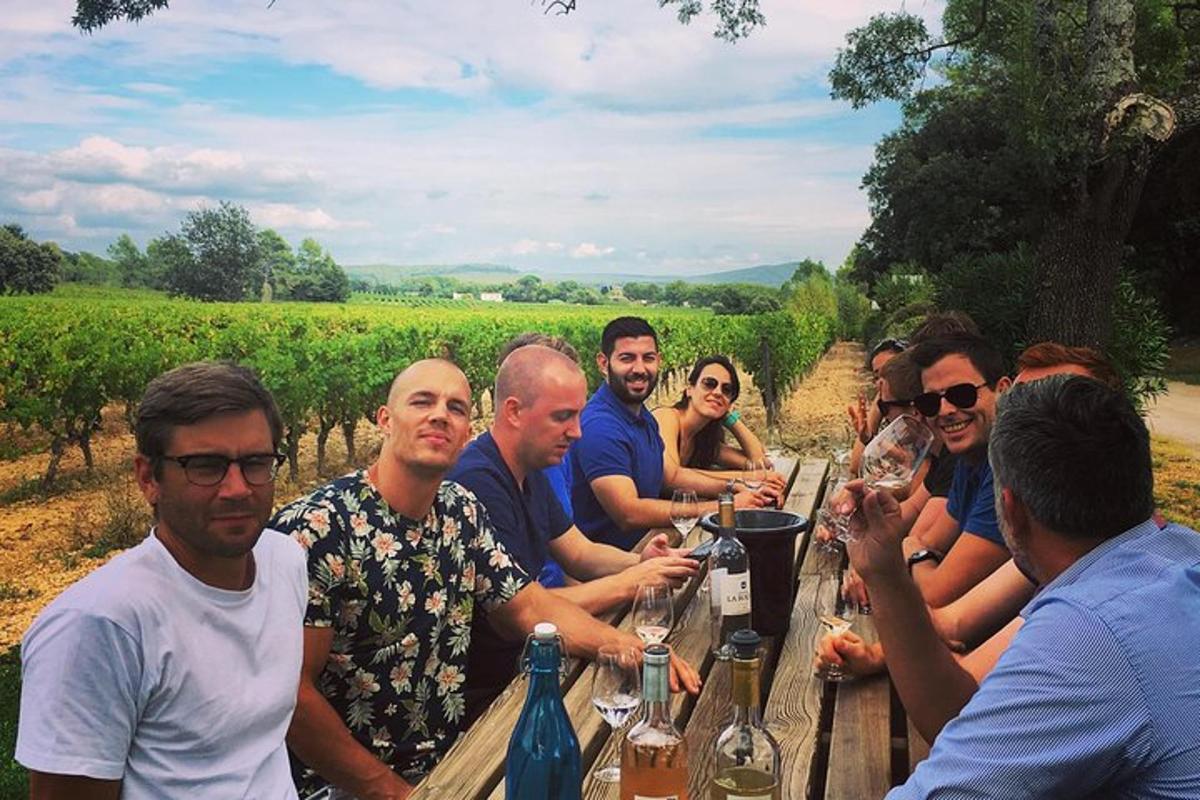a group of people sitting at a table in a vineyard
