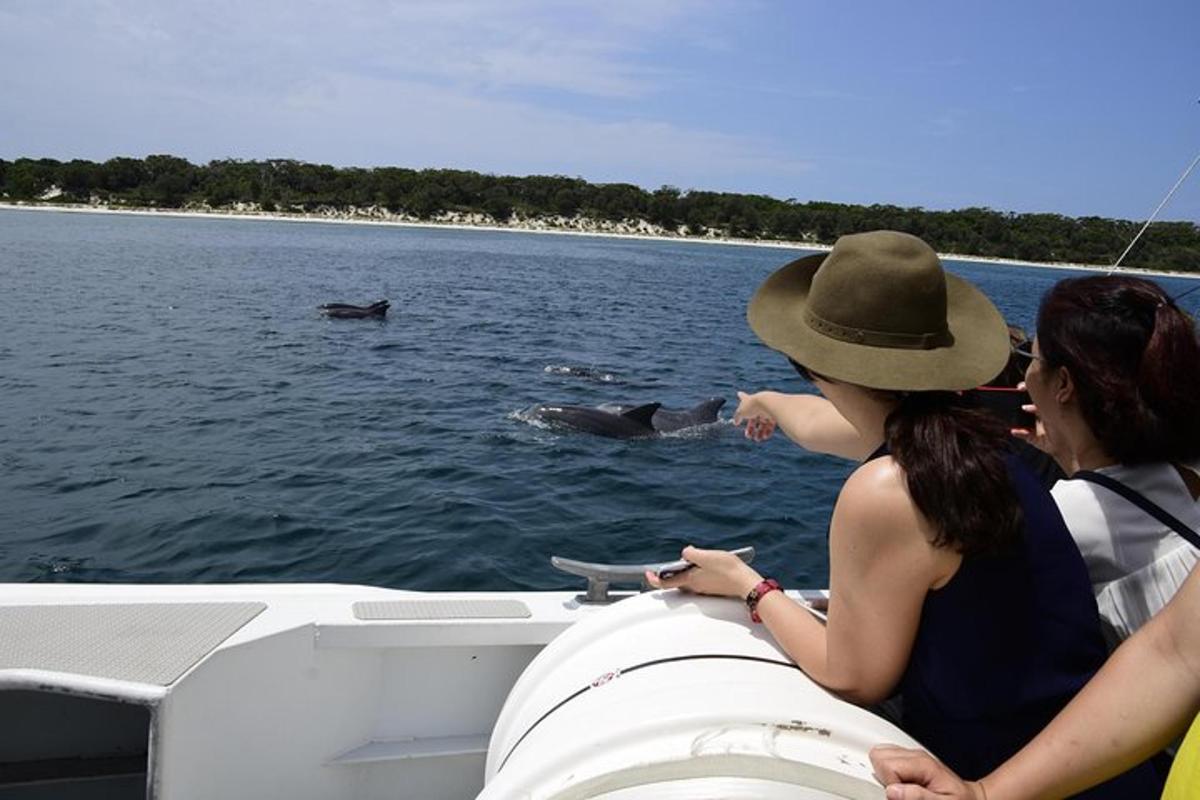 two women on a boat looking at a whale in the water
