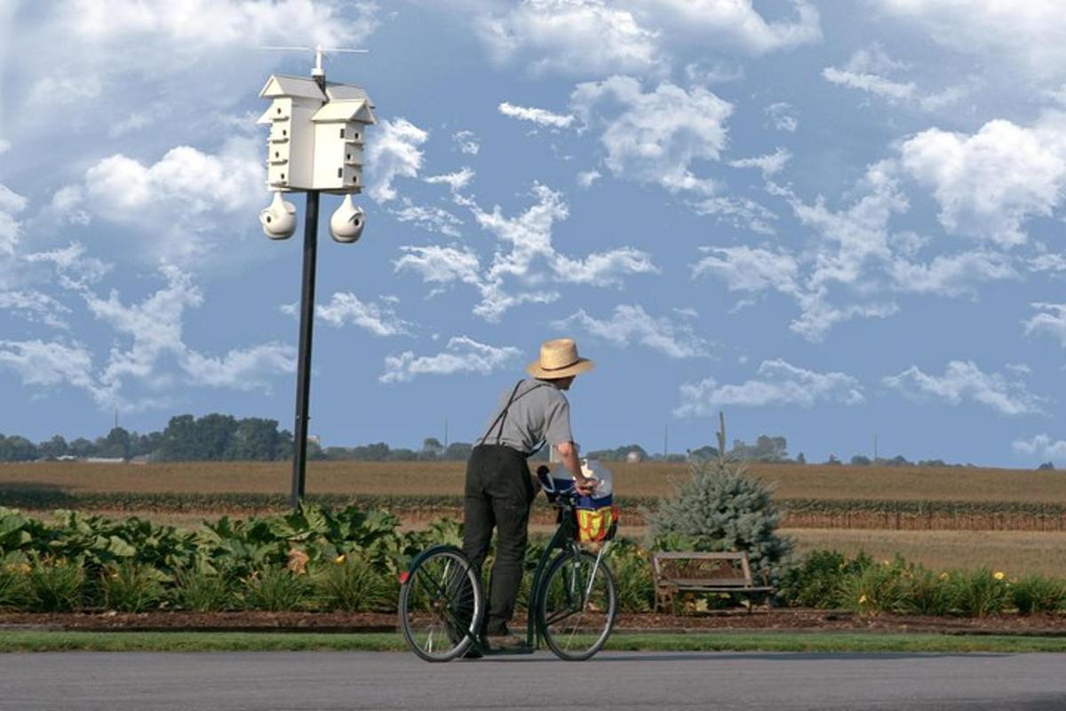 a man riding a bike down the street