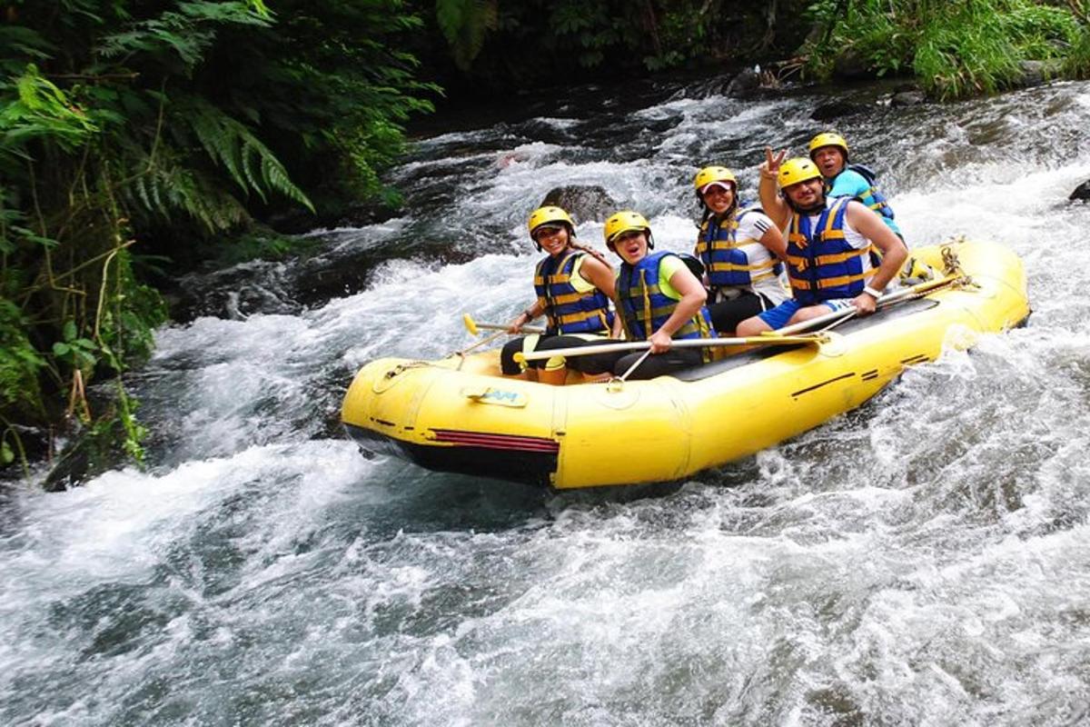 a group of people in a raft in a river