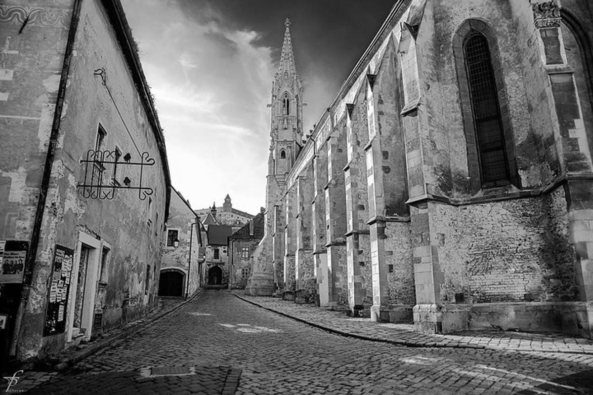 Una foto en blanco y negro de un callejón con una iglesia.