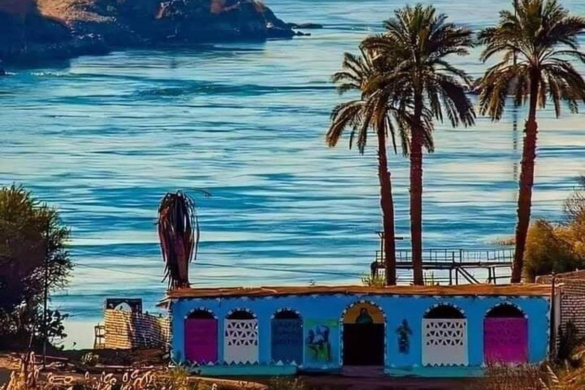 un dipinto di una casa in riva all'acqua con palme