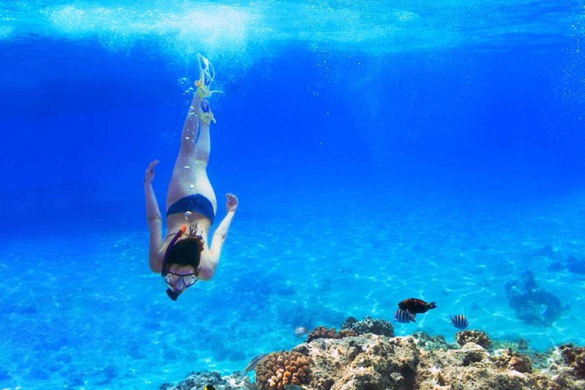 a woman is swimming in the water near a reef