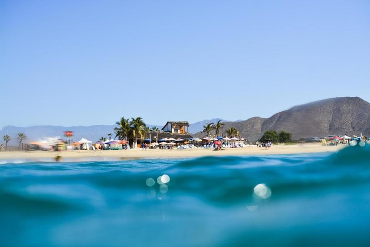 una spiaggia con sedie e ombrelloni in acqua