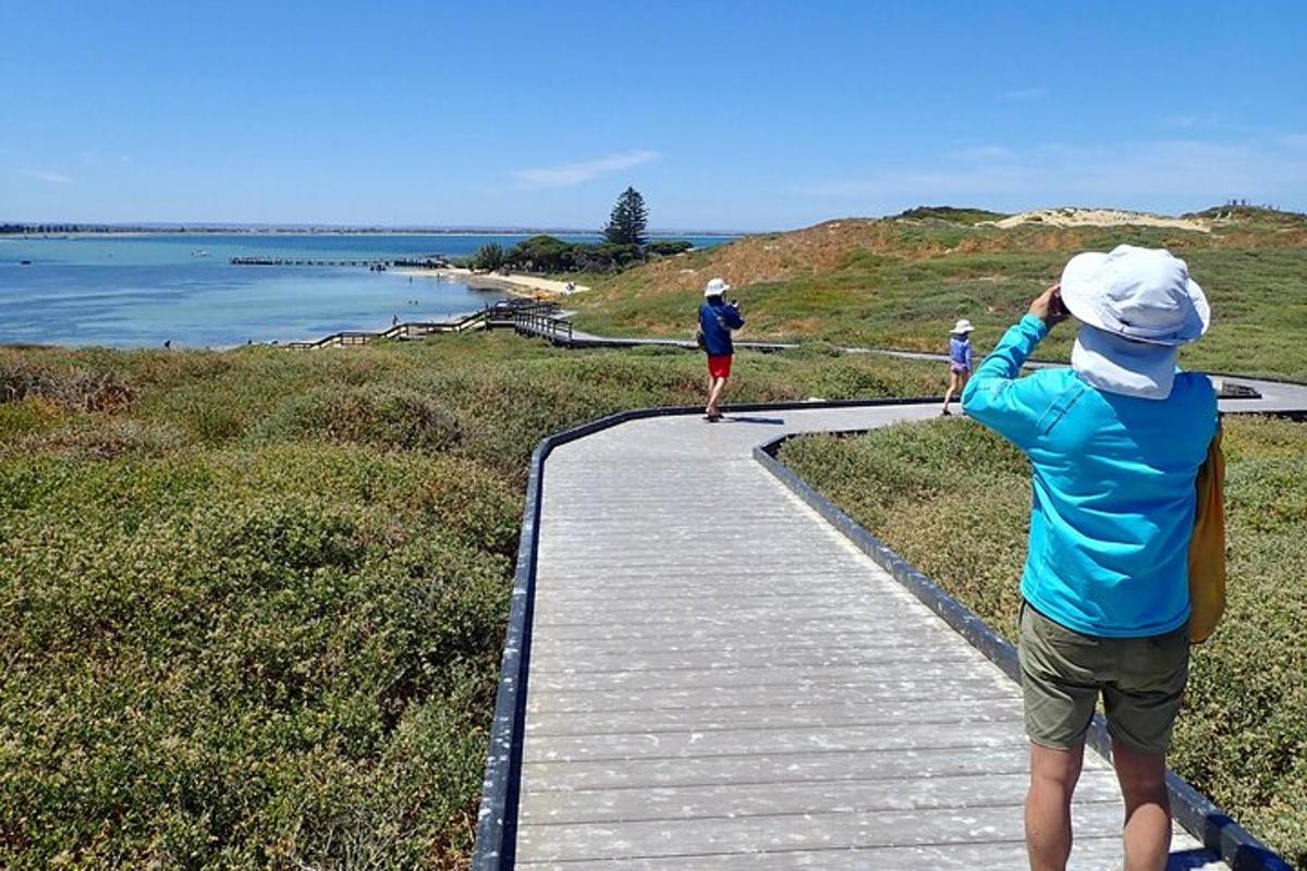 um grupo de pessoas caminhando em um calçadão perto da água