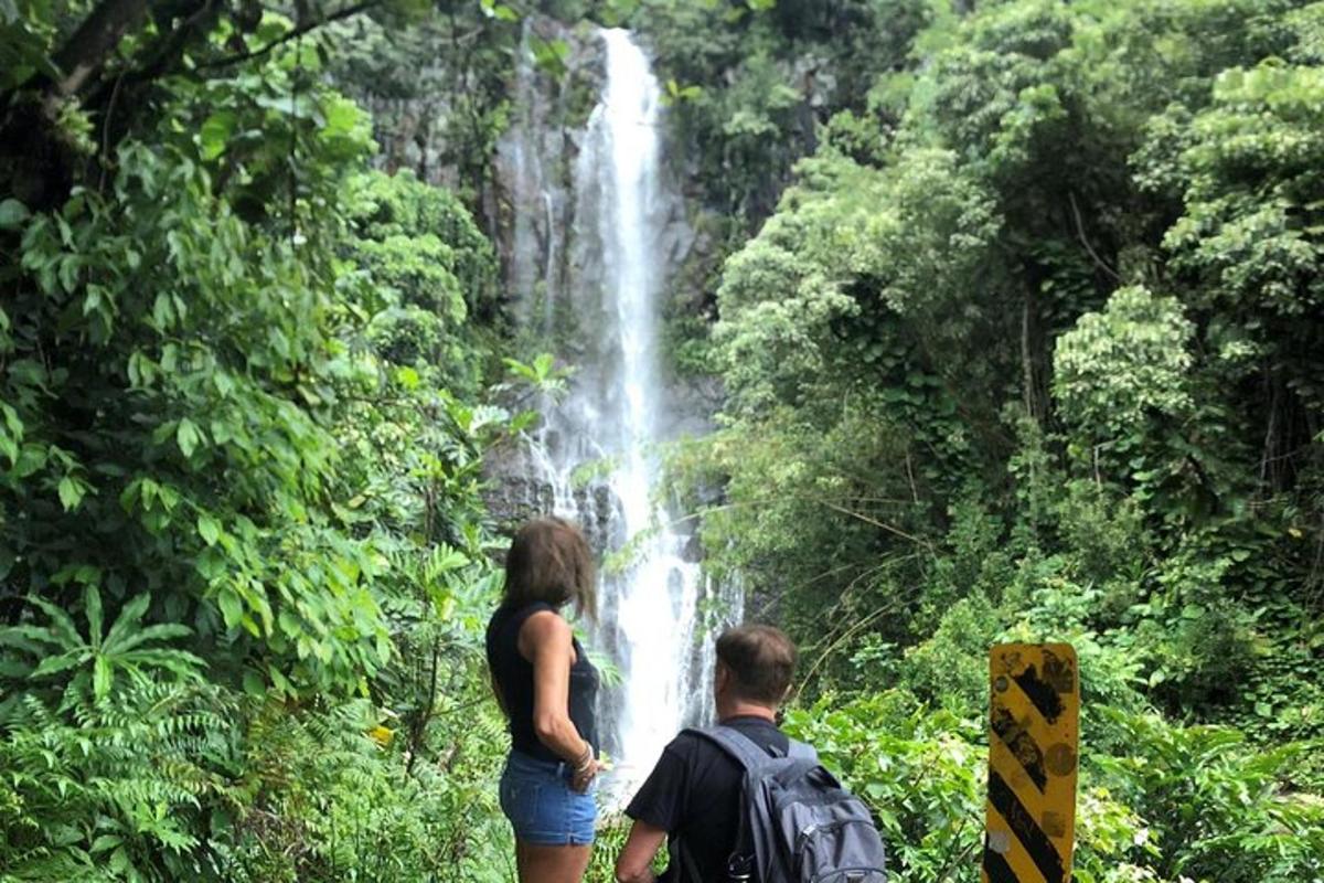 a man and a woman standing in front of a waterfall
