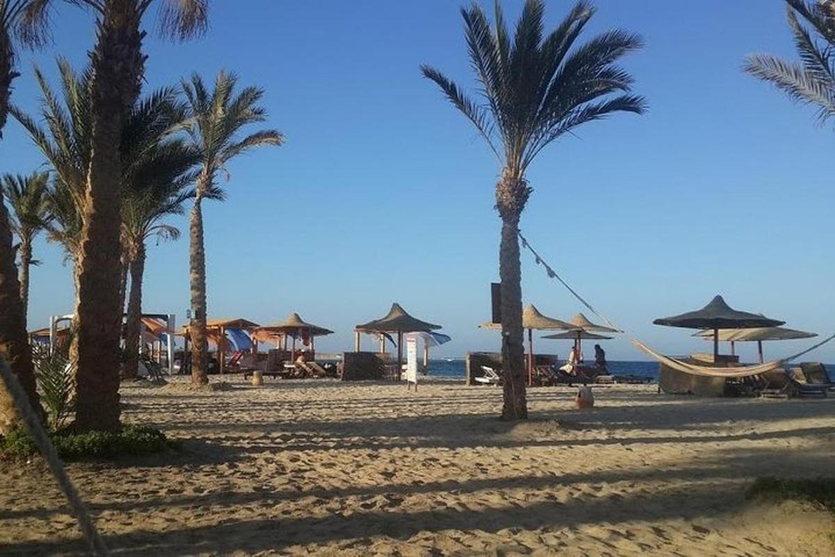una platja amb palmeres i para-sols i l'oceà