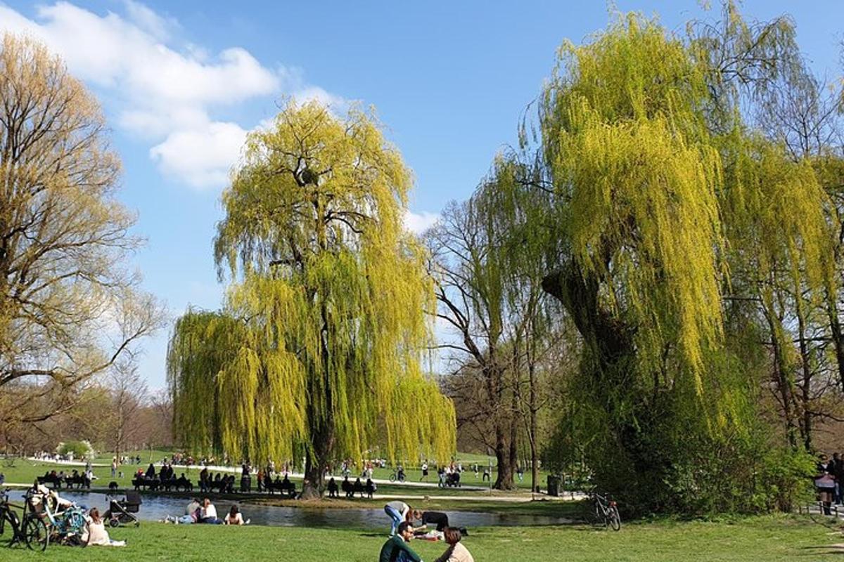 park, kus inimesed istuvad murul ja on täis nutavaid pajusid