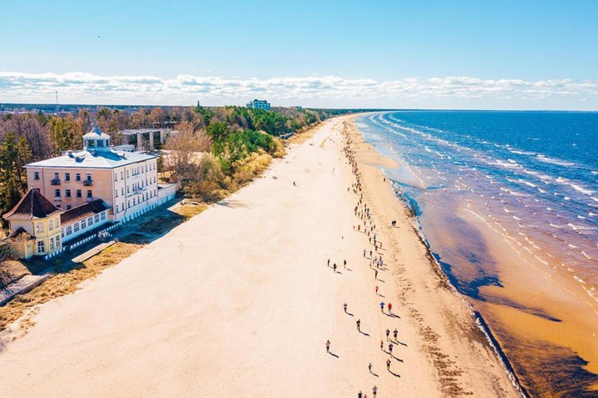 een bovenaanzicht van een strand met een groep mensen