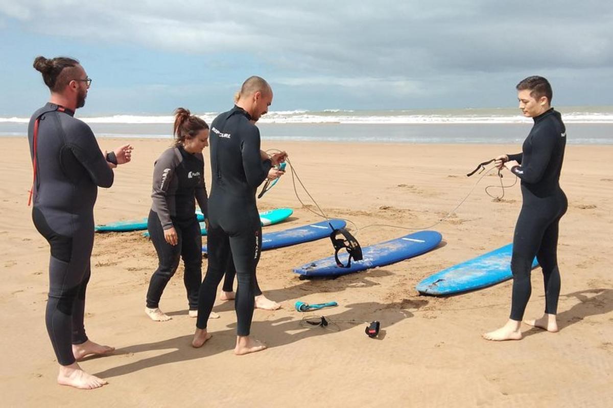 a group of people standing on a beach with surfboards