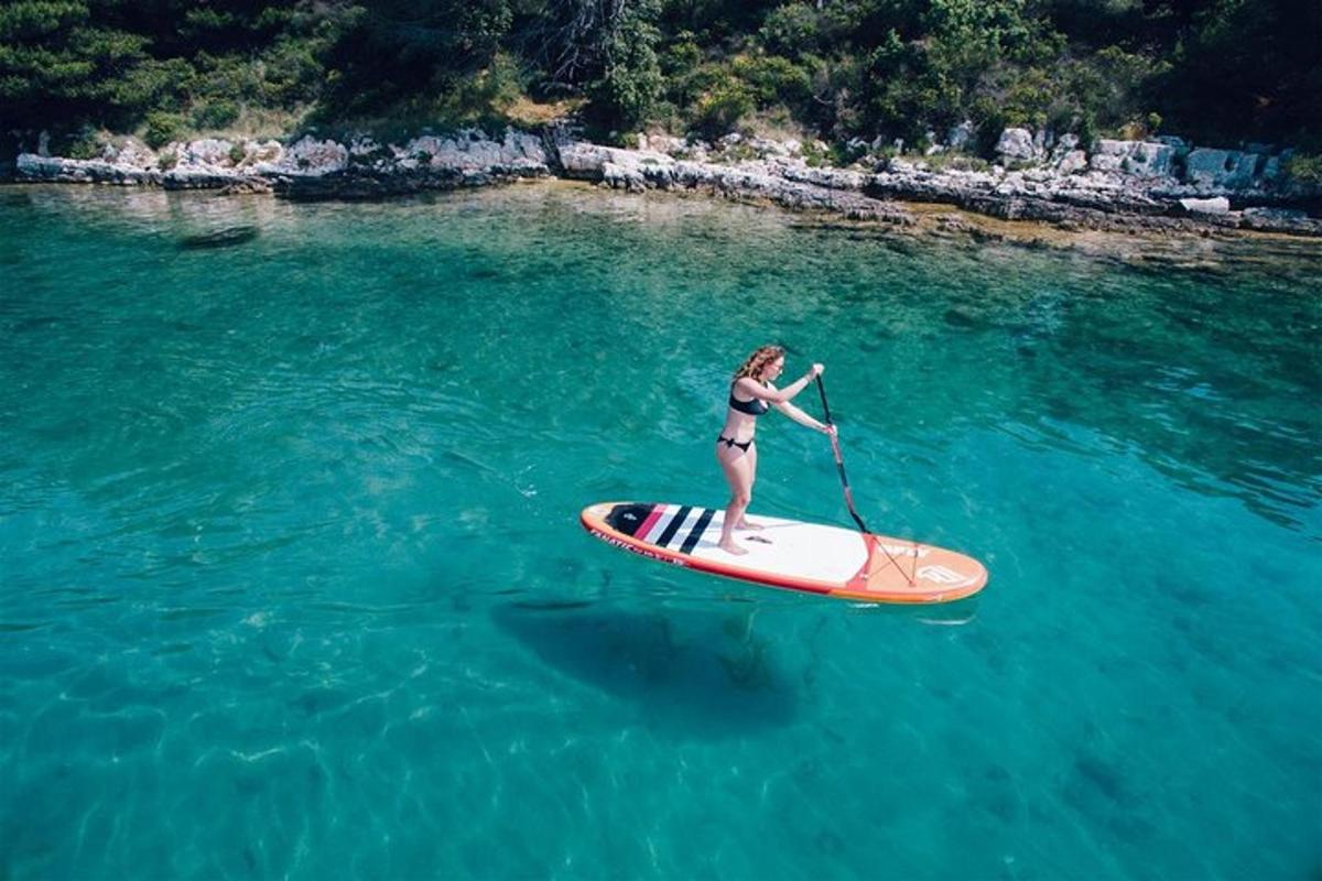 una dona en bikini sobre una taula de surf a l'aigua