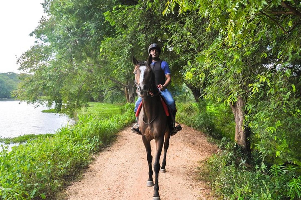un uomo a cavallo lungo una strada sterrata