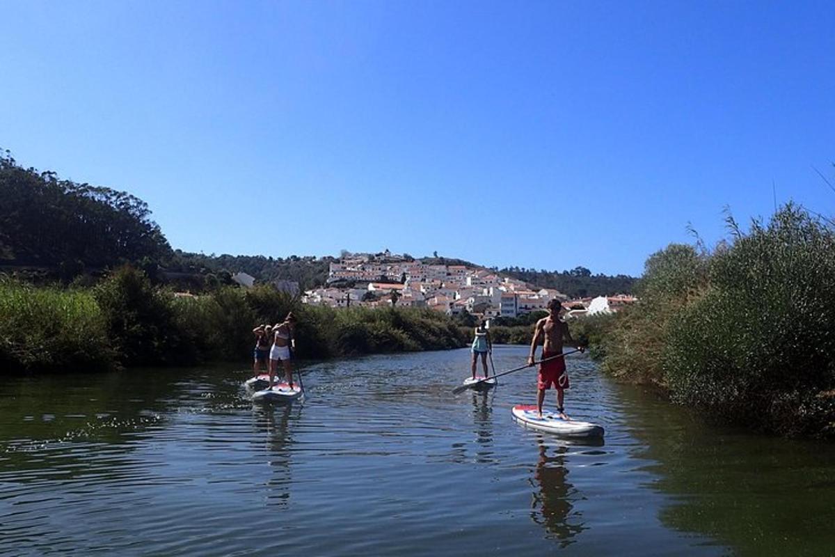 a group of people on paddle boards on a river