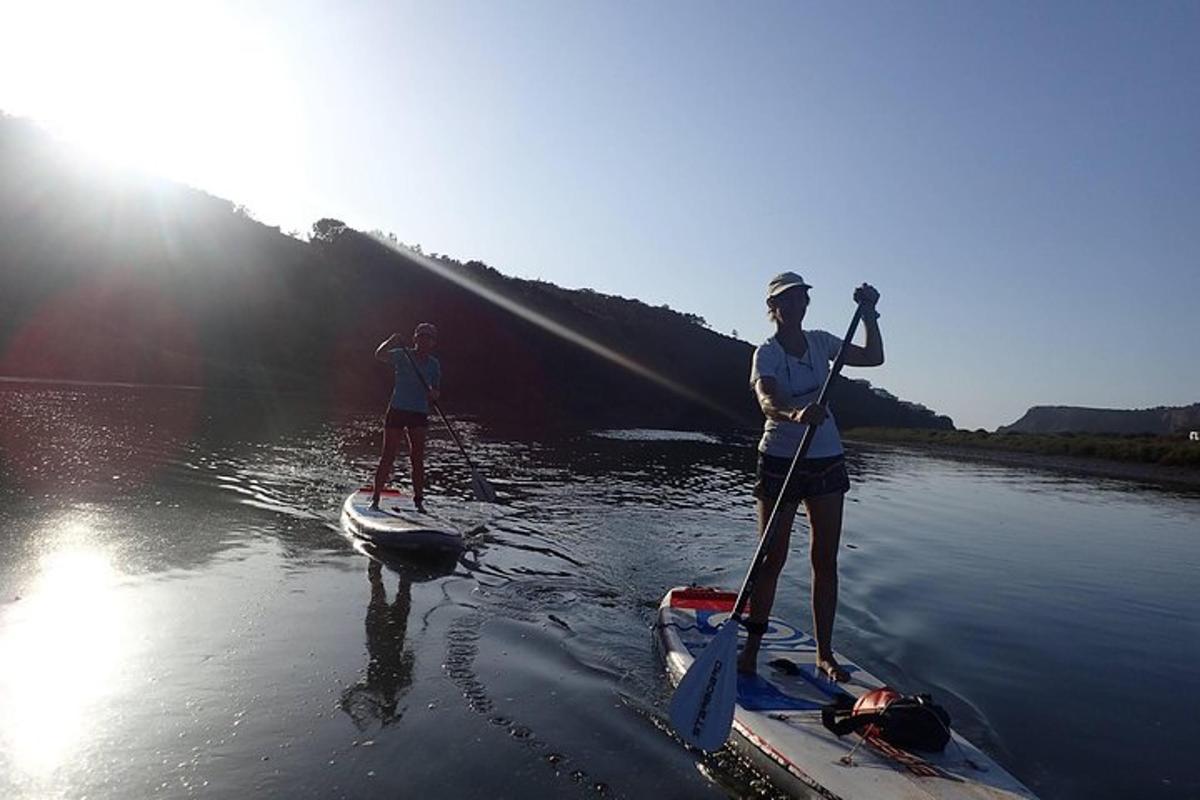 două persoane stau pe plăci de paddle în apă