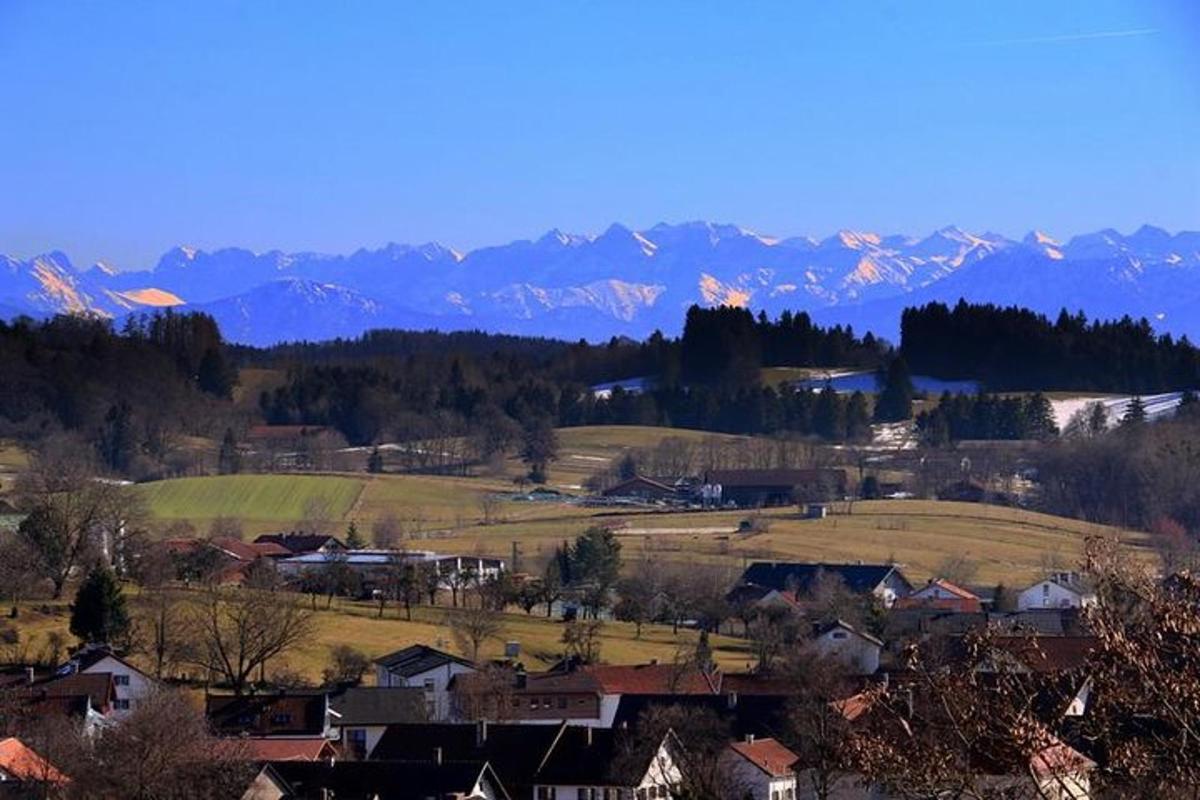 uma pequena cidade com casas e montanhas ao fundo