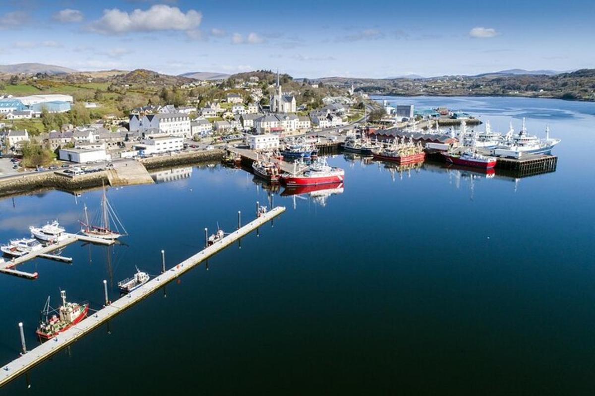 an aerial view of a marina with boats in the water