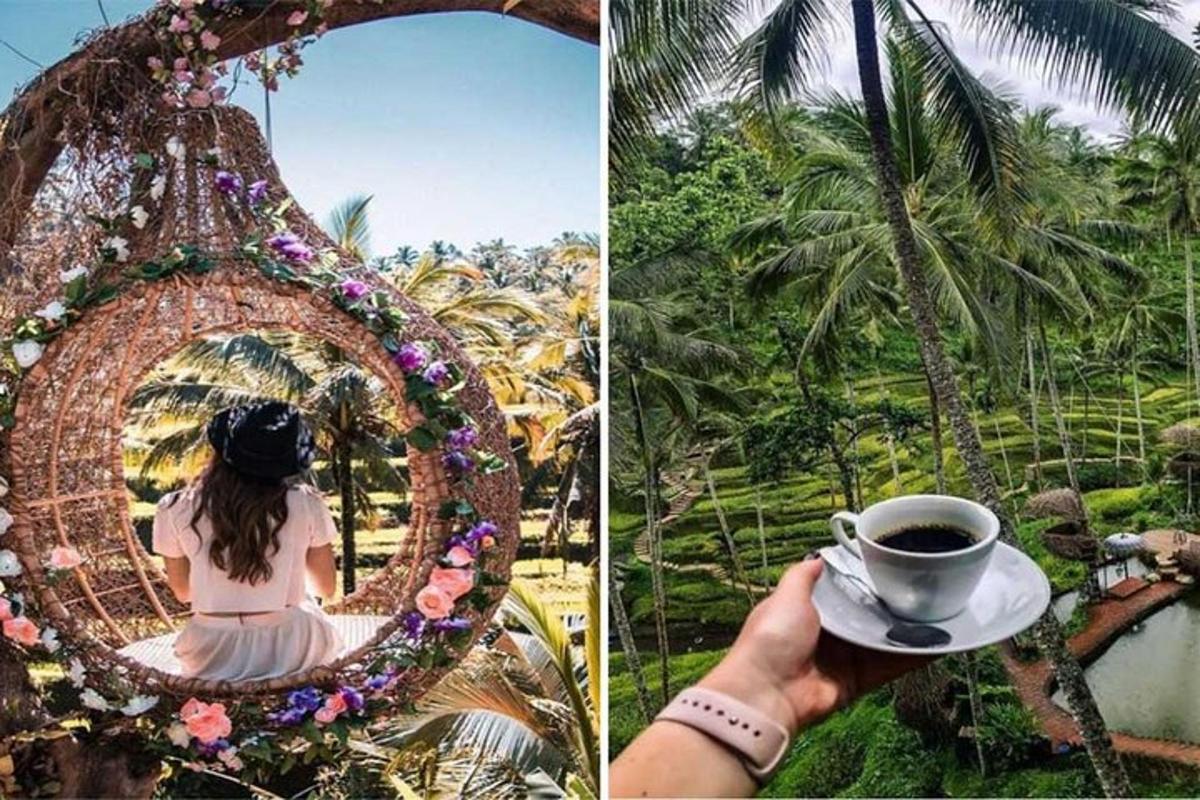 una persona che tiene in mano una tazza di caffè e una donna seduta su una giostra